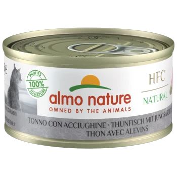Almo Nature Katzenfutterdose mit Aufreißlasche, Katzenbild, Etikett "almo nature owned by the animals" und grünem Siegel "100% profits to nature"