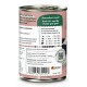 Dose Hundefutter mit dem Etikett "Garantiert frisch! Für sensible Hunde." Enthält Huhn, Spinat, Vitamine und Fütterungsempfehlungen.