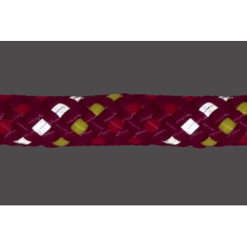 Eine Nahaufnahme einer geflochtenen Haustierleine mit lebhaften roten, gelben und lila Farben, mit reflektierenden silbernen Fäden, die eingewoben sind.