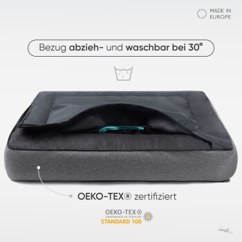 Haustierbett mit abnehmbarem Bezug, maschinenwaschbar bei 30 °C, mit OEKO-TEX®-Zertifizierung für sichere Textilien.
