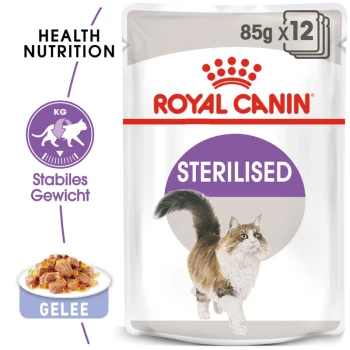 Royal Canin Sterilised Katzenfutterbeutel, 85g x 12, mit einer laufenden Katzenillustration, mit Text, der gesunde Ernährung und stabiles Gewicht hervorhebt.