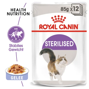 Royal Canin Sterilised Katzenfutterbeutel, 85g x 12, mit einer laufenden Katzenillustration, mit Text, der gesunde Ernährung und stabiles Gewicht hervorhebt.