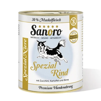 Dosen-Hundefutter mit der Aufschrift "Sanoro Spezial Rind" mit einer schwarz-weißen Hundillustration, mit den Zutaten Zucchini, Kartoffel und Birne.