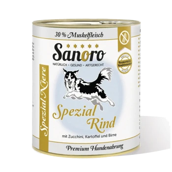 Dosen-Hundefutter mit der Aufschrift "Sanoro Spezial Rind" mit einer schwarz-weißen Hundillustration, mit den Zutaten Zucchini, Kartoffel und Birne.