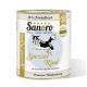 Dosen-Hundefutter mit der Aufschrift "Sanoro Spezial Rind" mit einer schwarz-weißen Hundillustration, mit den Zutaten Zucchini, Kartoffel und Birne.