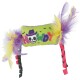 Green plush pet toy with purple and yellow feathers, pink/black ribbons, and 'HOWDY' text featuring a skull in a hat.