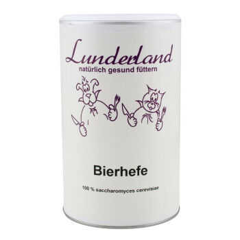 Weiße Lunderland‑Tierdose mit der Aufschrift 'Bierhefe', violettem Hund‑ und Katzenmotiv und dem 'Lunderland'-Logo.