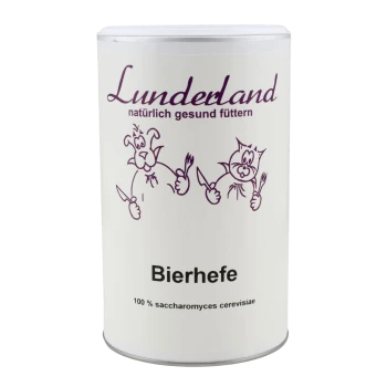 Weiße Lunderland‑Tierdose mit der Aufschrift 'Bierhefe', violettem Hund‑ und Katzenmotiv und dem 'Lunderland'-Logo.