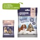 Two pet treat packages: left "Premiere Snack It" with winter design, right "Premiere I ♥ my dog Bonies" with snowy mountain and dog.