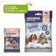 Deux emballages de friandises pour animaux : à gauche "Premiere Snack It" avec un design d'hiver, à droite "Premiere I ♥ my dog Bonies" avec une montagne enneigée et un chien.