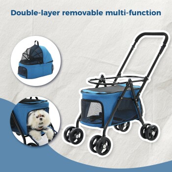 Blauer Haustierwagen mit Netzfenstern, mit einem starken Stützrahmen, Sicherheitsgurtbefestigung und praktischem Design für die alleinige Nutzung.