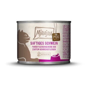 Nassfutter Katze Adult, Purer Fleischgenuss 6x200 g Schwein Katzenfutterdose mit einem Etikett, das liest: "Saftiges Schwein - purer Fleischgenuss aus zartem Schweinefleisch," mit einer Silhouette einer Katze.