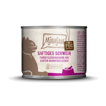 Katzenfutterdose mit einem Etikett, das liest: "Saftiges Schwein - purer Fleischgenuss aus zartem Schweinefleisch," mit einer Silhouette einer Katze.