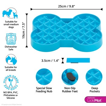 Blaues, knochenförmiges Slow-Feeder-Matte für Hunde, 25x19x3,5 cm, mit rutschfesten Füßen, tiefen Taschen, spülmaschinenfest, BPA-frei, geeignet für kleine bis mittelgroße Hunde.