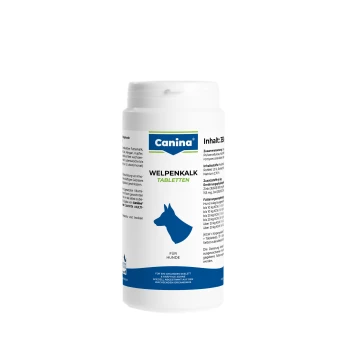 Canina Welpenkalk-Tabletten für Hunde, 350g Behälter, mit einer Silhouette eines Hundes, Nährwertinformationen und Anwendungshinweisen.