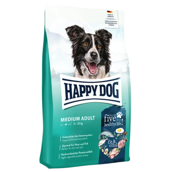 Hundetrockenfutterbeutel mit der Aufschrift 'Happy Dog Medium Adult', der einen lächelnden Hund zeigt, mit Text, der Vorteile wie Immununterstützung und verdauliches Protein hervorhebt.