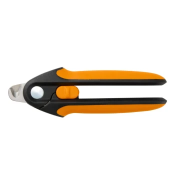 Orange-schwarze Krallenschere für Tiere mit ergonomischen Griffen, gebogenem Edelstahlblatt und Sicherheitsverschluss.