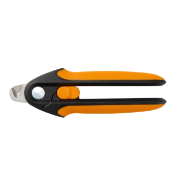 Orange-schwarze Krallenschere für Tiere mit ergonomischen Griffen, gebogenem Edelstahlblatt und Sicherheitsverschluss.