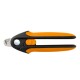 Orange-schwarze Krallenschere für Tiere mit ergonomischen Griffen, gebogenem Edelstahlblatt und Sicherheitsverschluss.