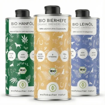 Drei Flaschen organischer Haustieröle: grünes Hanföl, blaues Leinsamenöl und gelbes Bierhefe, jeweils mit Vorteilen für alle Rassen gekennzeichnet.