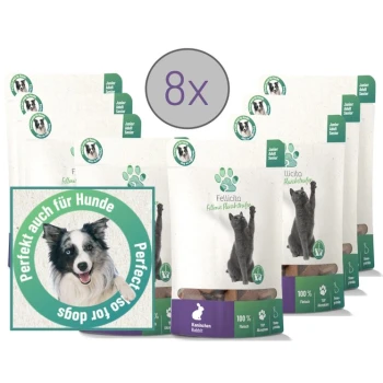 Kaninchen Fleischstreifen 8x 50g Fellonis Hundensnacks Acht Pakete Fellicita Katzenleckerlis mit einer verspielten grauen Katze auf der Vorderseite, gekennzeichnet mit "100% Fleisch" und "Kanichen Rabbit."