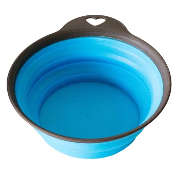 Zusammenklappbarer Fressnapf in leuchtendem Blau mit einem braunen Rand und einem herzförmigen Griff, ideal für Reisen und den Einsatz im Freien.