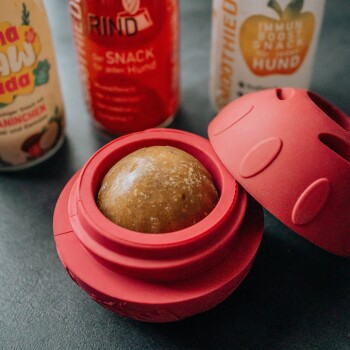 Rotes Silikonspielzeug zur Leckerli-Ausgabe mit braunem Leckerliball, Deckel angelehnt; im Hintergrund Dosen mit den Aufschriften 'SNACK', 'RIND', 'HUND'.