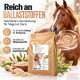 Eine Frau interagiert mit einem Pferd in der Nähe eines Sacks "Flohsamen Schalen" Pferdefutter, bekannt für seinen hohen Ballaststoffgehalt und keine chemischen Zusätze.