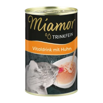 Dose von Miamor Trinkfein Vitaldrink mit Huhn, mit einer Katze, die aus einer Schüssel trinkt, wobei ein Spritzer Flüssigkeit sichtbar ist.