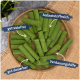 Schüssel mit grünen Snack-Sticks, beschriftet mit 'getreidefrei', 'ballaststoffreich', 'gut dosierbar', 'Verdauungshilfe'.