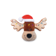 Plüsch-Rentier-Haustierspielzeug mit bunten Weihnachtslichtern an den Geweihen und rotem Weihnachtsmannhut auf weißem Hintergrund.