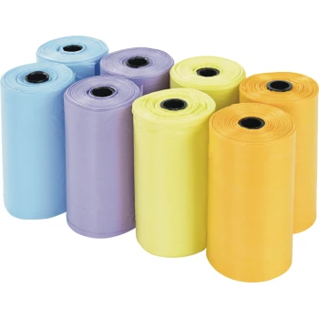 Eight rolls of pastel pet waste bags in blue, purple, yellow, and orange, no visible text.