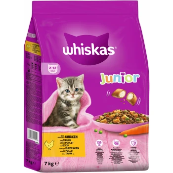 Whiskas Junior Katzenfutterbeutel mit einem verspielten Kätzchen auf lila Hintergrund, das Hähnchen als Hauptzutat hervorhebt.