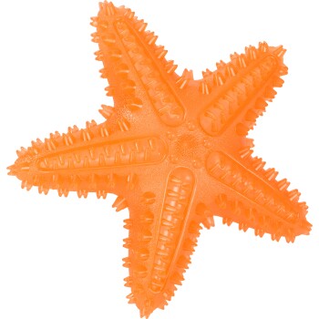 Jouet à mâcher en caoutchouc orange en forme d'étoile de mer avec pointes texturées et rainures striées.