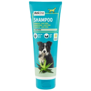 Shampoo Aloe Vera 250ml Aqua-blaues Röhrchen mit AniOne Hundeshampoo, das einen Border Collie auf dem Etikett zeigt und die Inhaltsstoffe Aloe Vera und die vegane Zertifizierung hervorhebt.