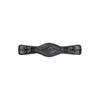 Schwarzer Leder-Gurt für Pferde mit Metallverschlüssen und elastischen Riemen, entworfen für den Reitsport.
