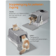 Graue Katzenstreu-Box mit zwei Katzen, die vorne und oben hineingehen, deutscher Text beschreibt Zugangsmerkmale.