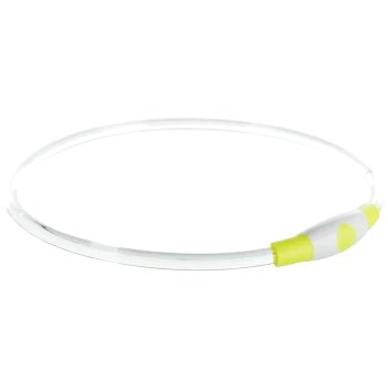 Un collier pour animaux de compagnie clair et flexible avec un bouton lumineux blanc et jaune, conçu pour la visibilité lors des promenades nocturnes.