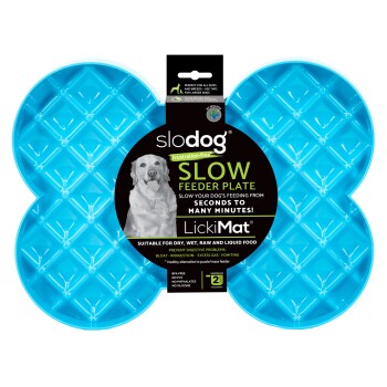 Blauer SloDog LickiMat Slow Feeder-Teller für Hunde, reduziert die Fressgeschwindigkeit, geeignet für trockenes, nasses, rohes und flüssiges Futter.