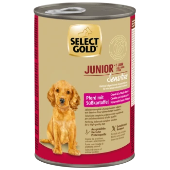 Select Gold Junior Sensitive Hundefutterdose für Welpen unter 1 Jahr, Pferd mit Süßkartoffeln, getreidefreie Formel.
