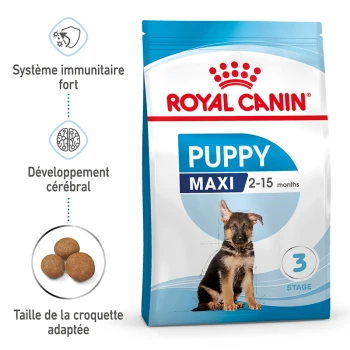 Maxi Chiot Croquettes Chien 4 kg Sac de nourriture pour chiots Royal Canin Puppy Maxi, avec un texte sur le système immunitaire fort, le développement du cerveau et la taille de croquettes adaptée.