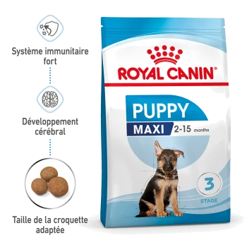 Sac de nourriture pour chiots Royal Canin Puppy Maxi, avec un texte sur le système immunitaire fort, le développement du cerveau et la taille de croquettes adaptée.