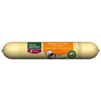 Real Nature Haustierfutterrolle für Erwachsene, mit Truthahn und Huhn mit Leinsamen, beschriftet als "PATÉ" auf Deutsch.