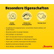 Gelbes Josera-Hundefutterfeld: „Besondere Eigenschaften“ — Symbole für große Kroketten, moderaten Energiegehalt und Herzunterstützung; deutsche Aufzählungspunkte.