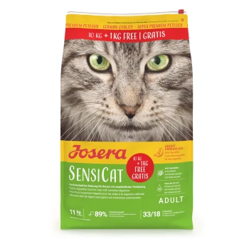 Josera SensiCat Katzenfutterbeutel für erwachsene Katzen mit Nahaufnahme eines Katzenkopfes, 10 kg + 1 kg gratis, hochverdaulich für empfindliche Verdauung.
