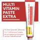 Tube der GimCat Multi-Vitamin Paste Extra für Katzen, weiß-rote Tube mit 'MULTI VITAMIN PASTE EXTRA' und deutschem Anwendungstext.