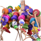 Bunte Holzspielzeuge für Vögel mit verschiedenen Formen, darunter Blumen und Würfel, auf Lederbändern aufgezogen.