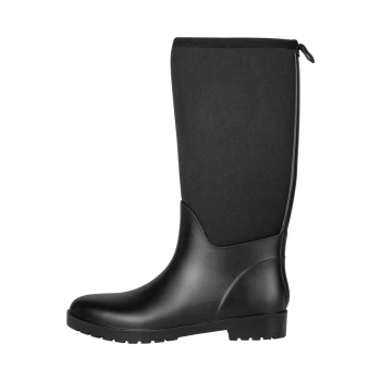 Schwarze wasserdichte Gummistiefel bis zum Knie mit strukturiertem Obermaterial und einer robusten Sohle, vor einem weißen Hintergrund präsentiert.