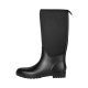 Schwarze wasserdichte Gummistiefel bis zum Knie mit strukturiertem Obermaterial und einer robusten Sohle, vor einem weißen Hintergrund präsentiert.
