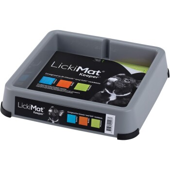 Graue LickiMat Keeper, entworfen für Classic und TUFF LickiMats, mit einem Hundebild und Text über seine Verwendung und Kompatibilität.